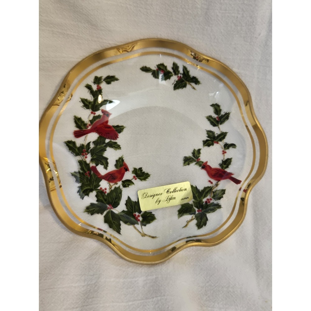 Lefton Designer Collection Cardinal Plate 6" Diameter‎ Gold Rim Christmas Holly